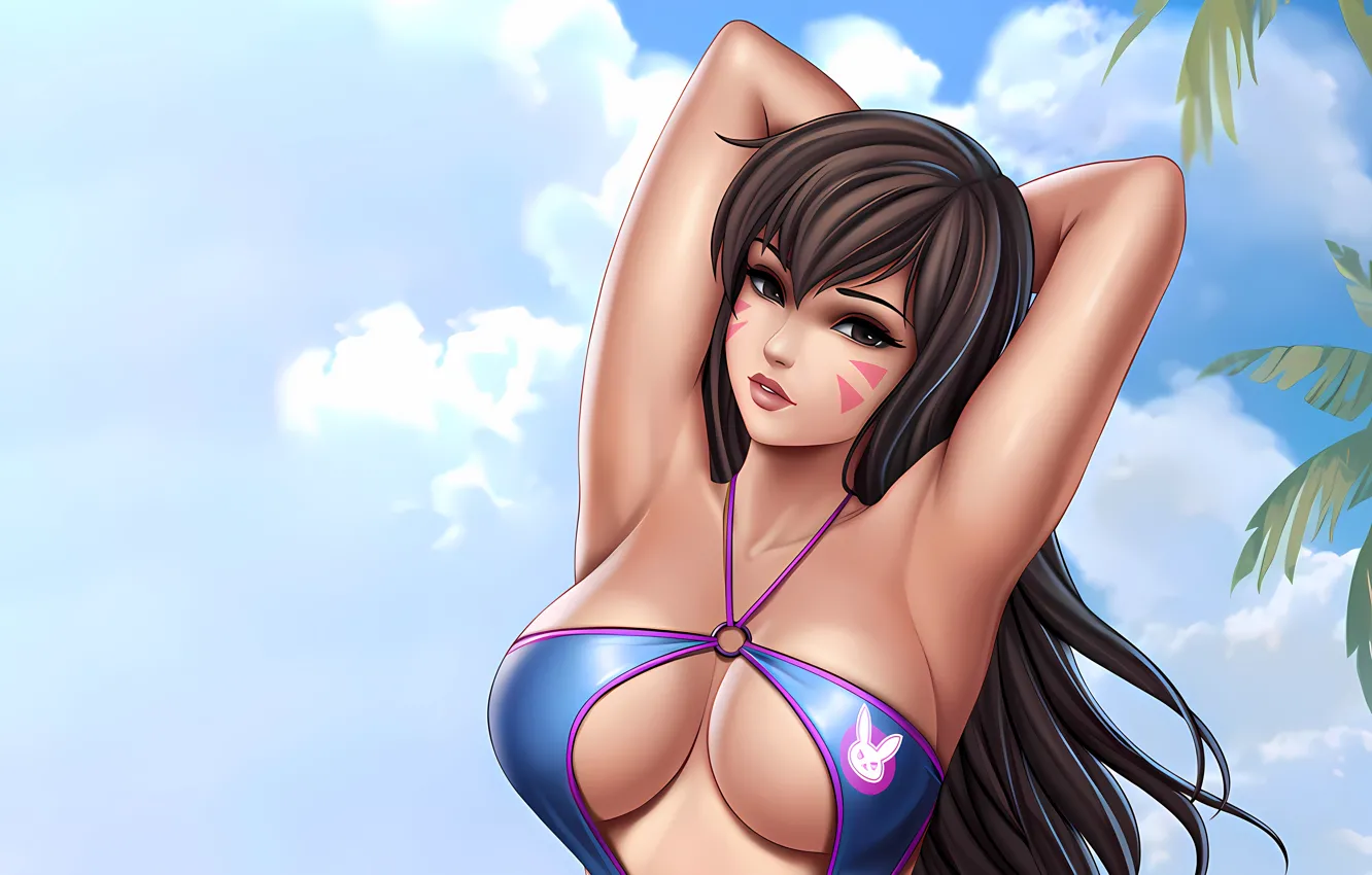 Photo wallpaper girl, sexy, cleavage, long hair, brown hair, brown eyes, boobs, anime