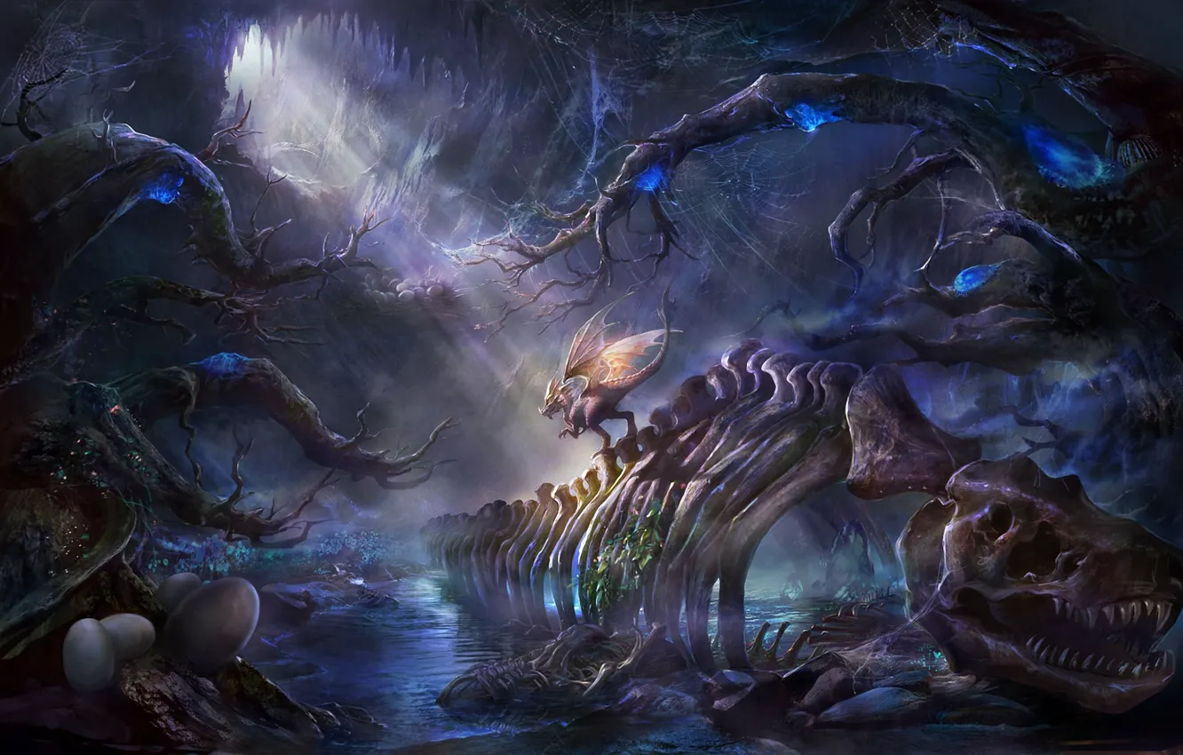 Photo wallpaper water, eggs, dinosaur, plants, art, skeleton, cave, rongrong wang
