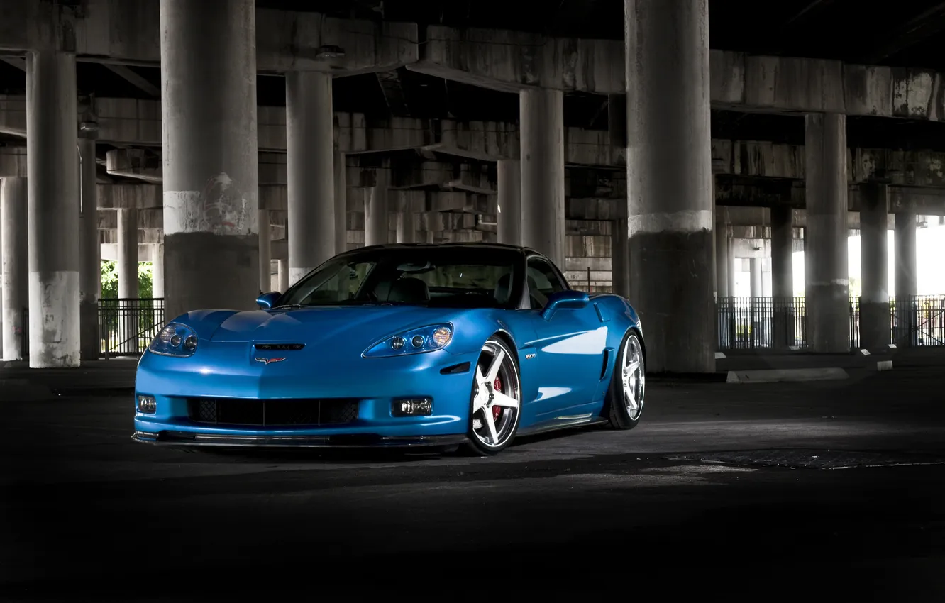 Photo wallpaper blue, bridge, Z06, Corvette, Chevrolet, Chevrolet, blue, Corvette