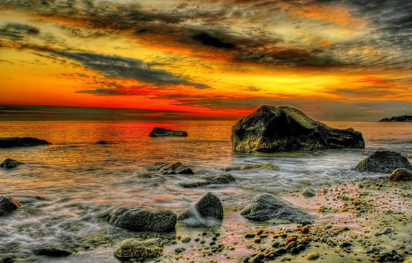 Photo wallpaper sea, the sky, clouds, stones, shore, HDR, glow