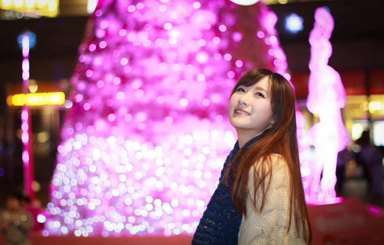 Photo wallpaper lights, woman, smile, night, beautiful, model, pretty, asian