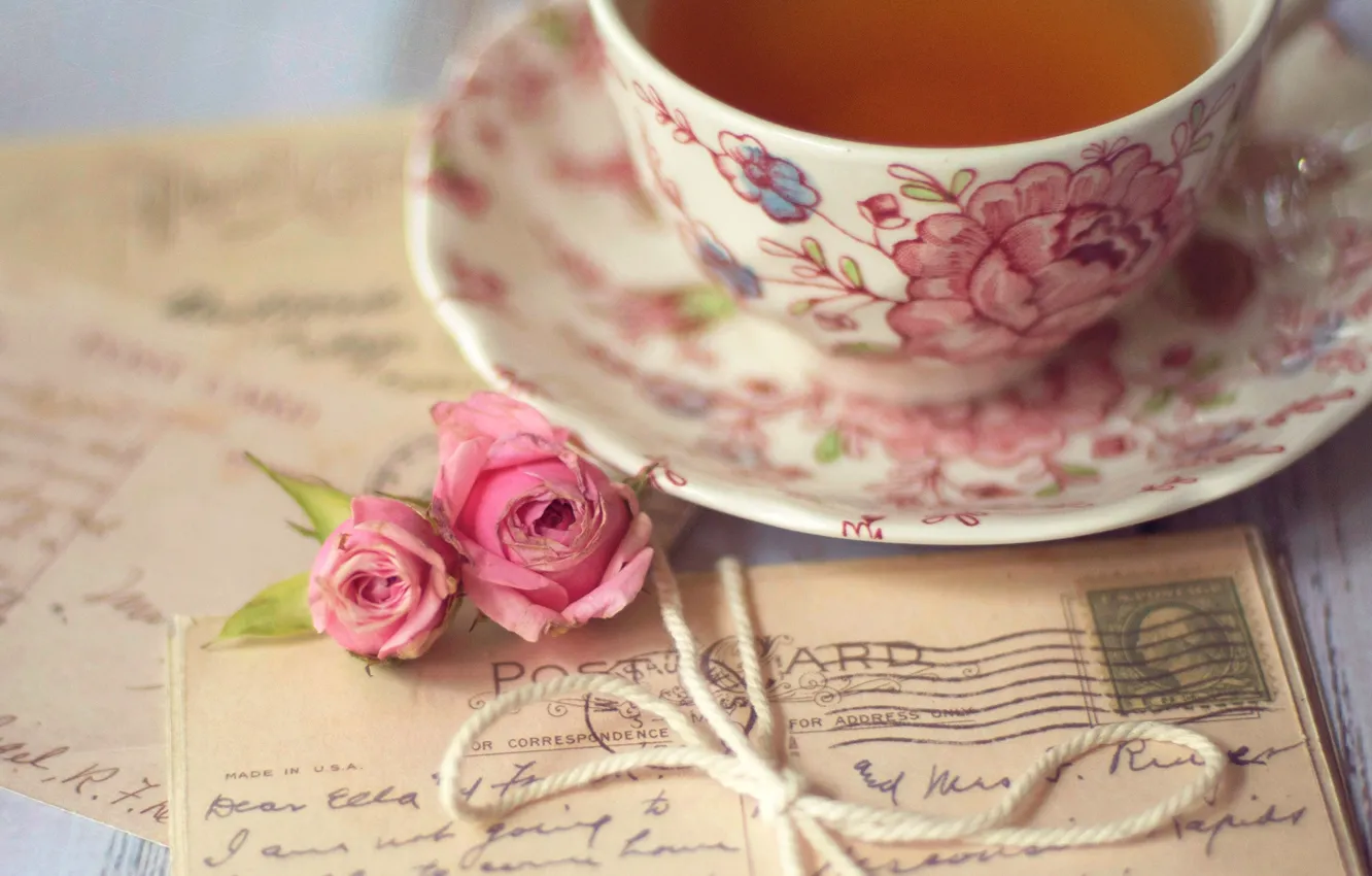 Photo wallpaper flowers, tea, roses, Cup, pink, bow, letters, cards