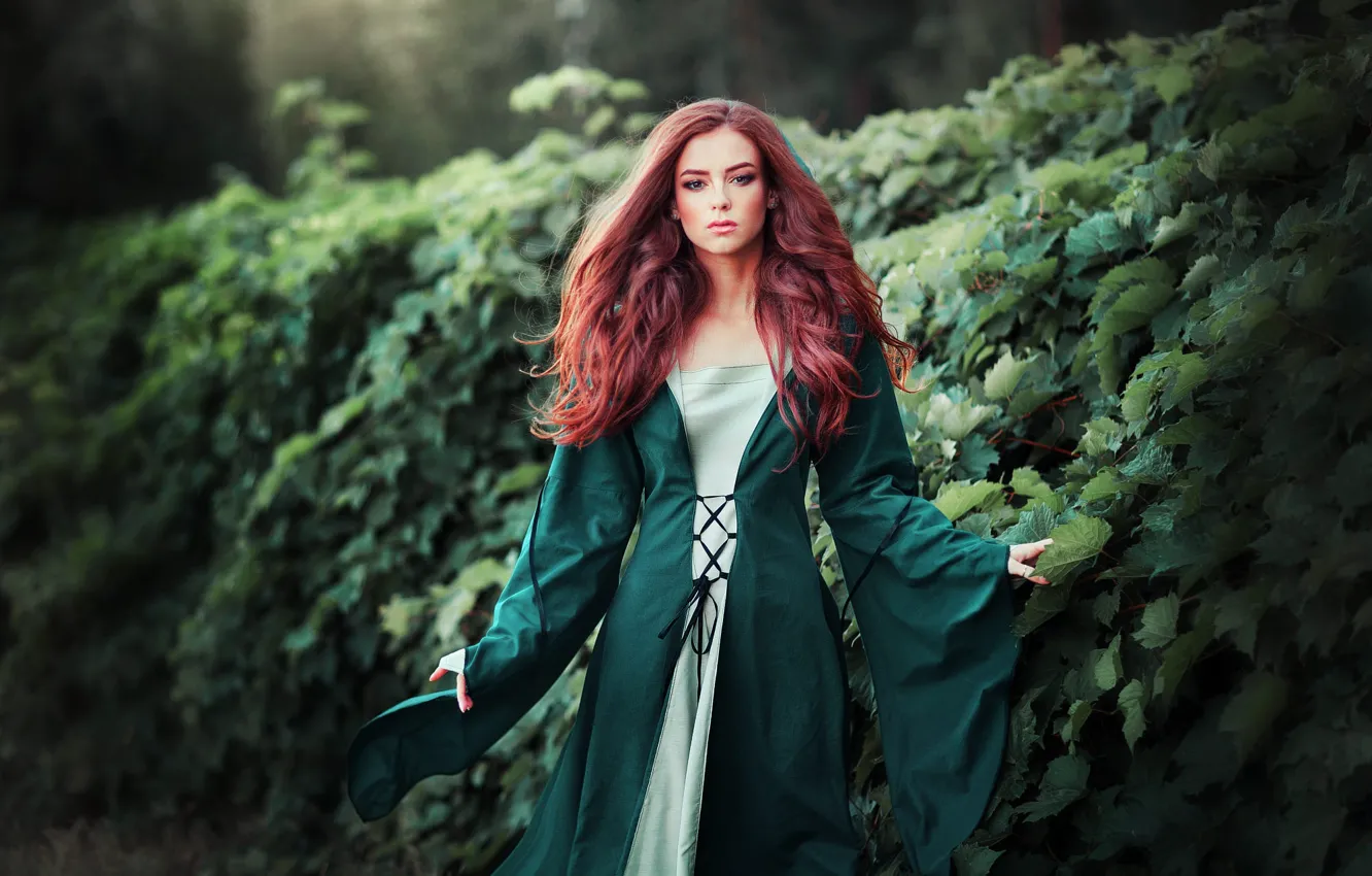 Photo wallpaper look, girl, nature, brown hair, the bushes, green dress, Olga Boyko