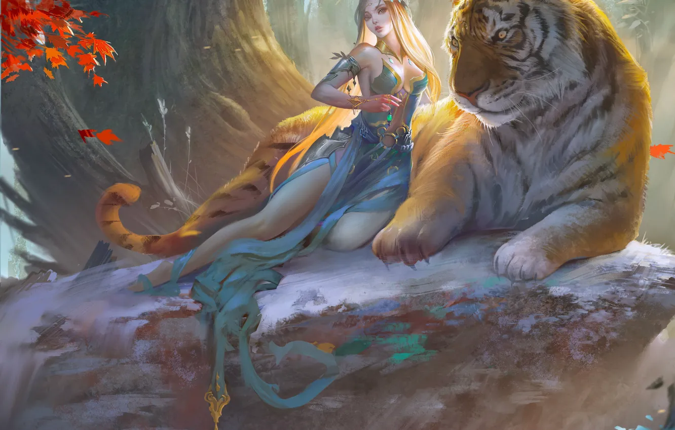 Photo wallpaper girl, trees, tiger, art, monkey