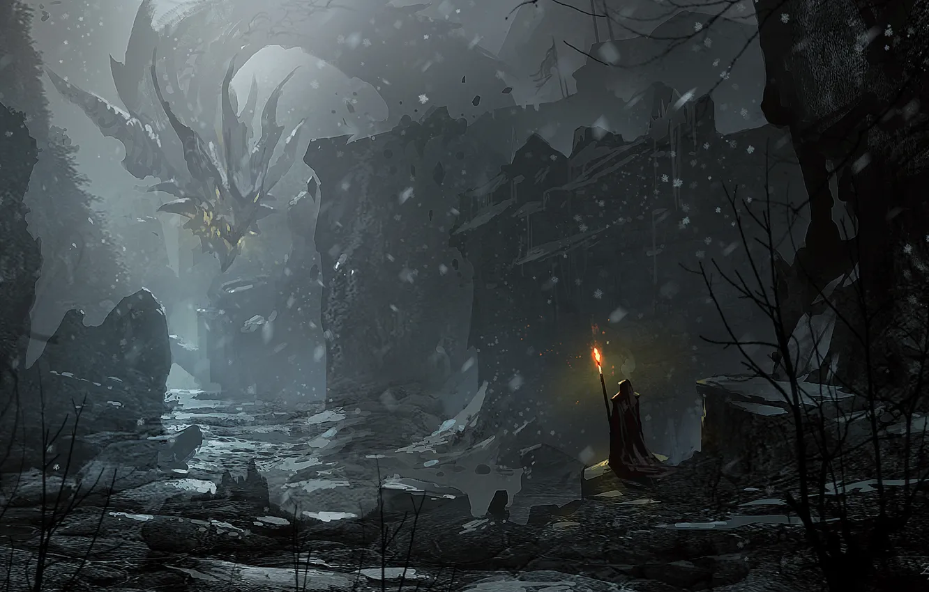 Photo wallpaper fiction, rocks, dragon, art, dragon war