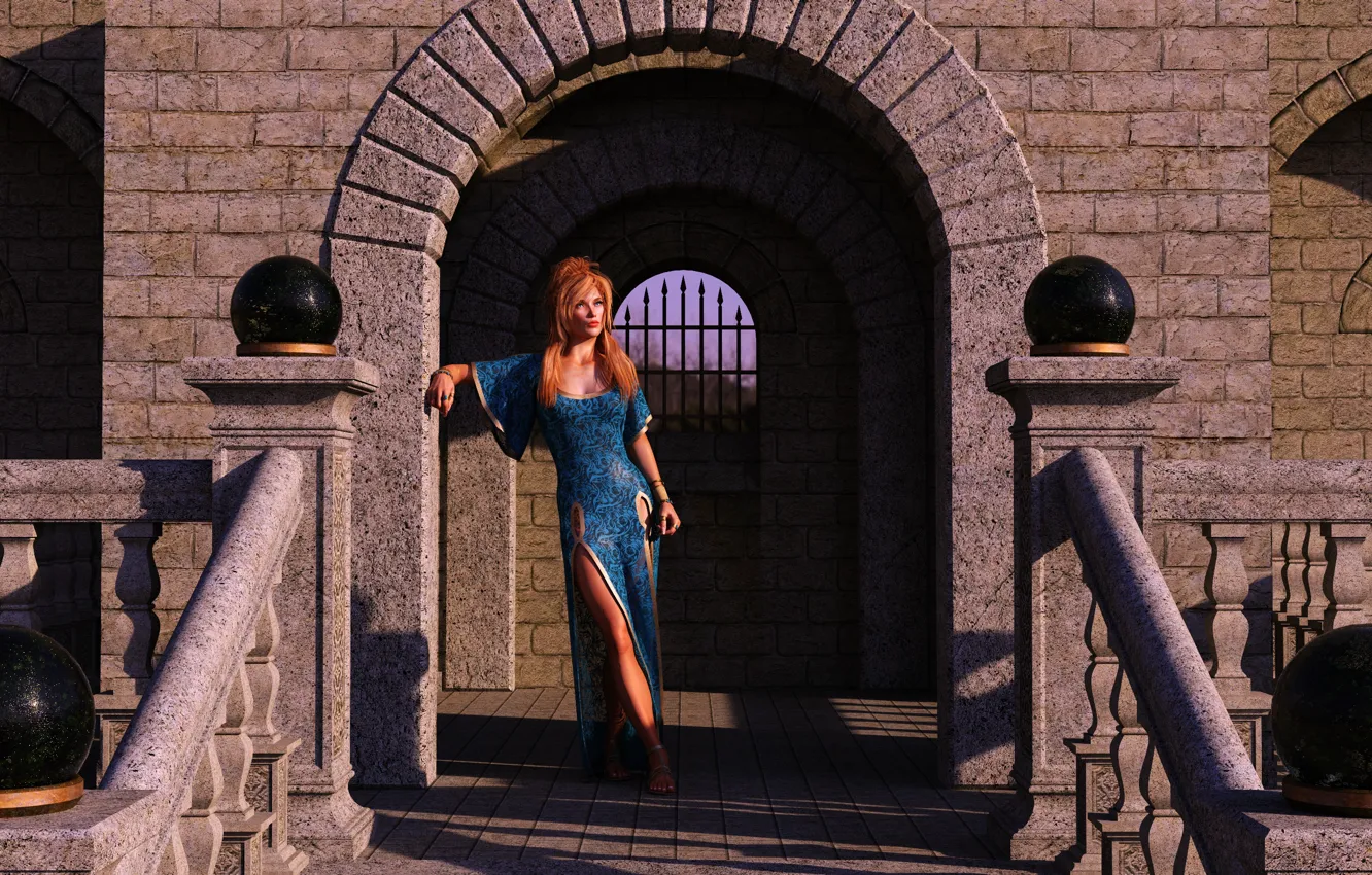 Photo wallpaper building, dress, red, Evie