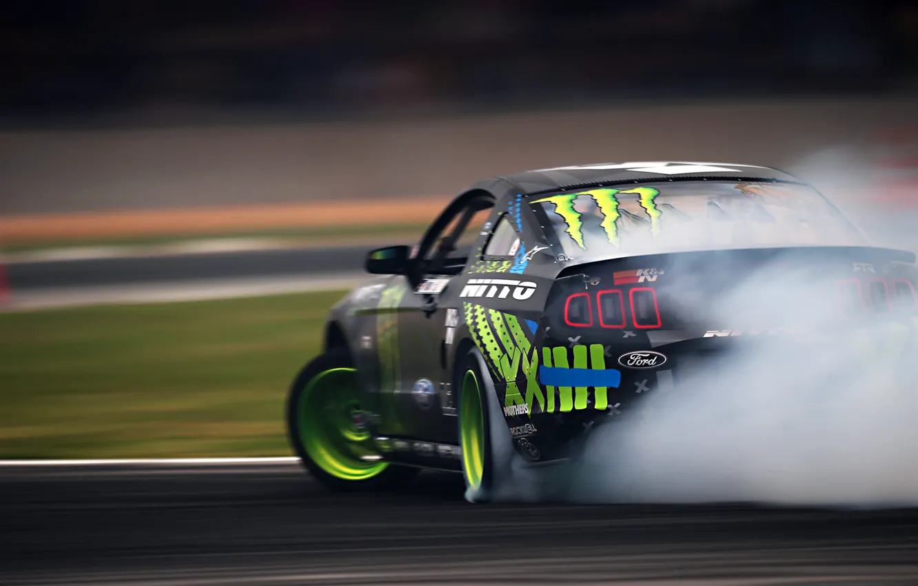 Photo wallpaper Mustang, Ford, Green, Black, RTR, Monster Energy, Smoke, Team