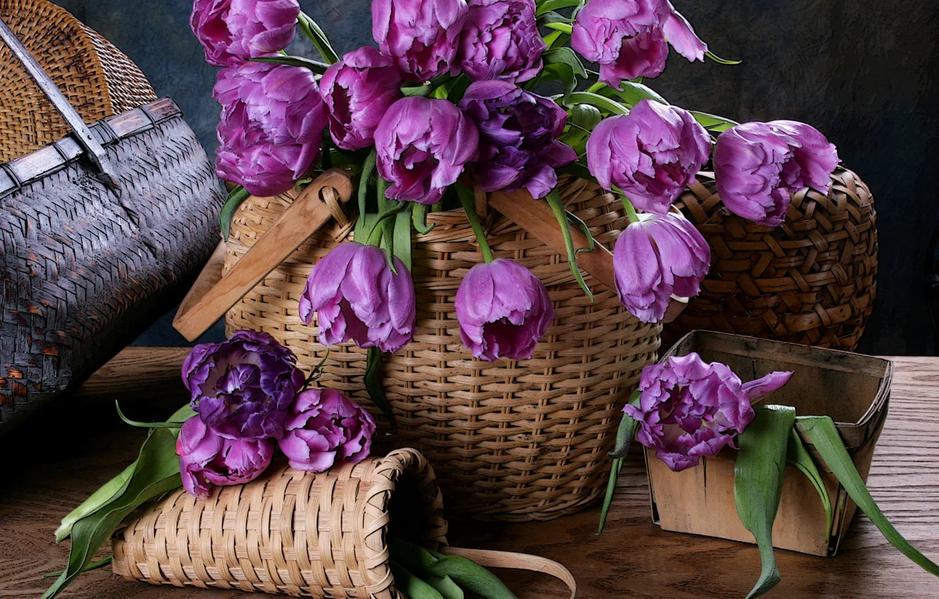 Photo wallpaper flowers, basket, tulips