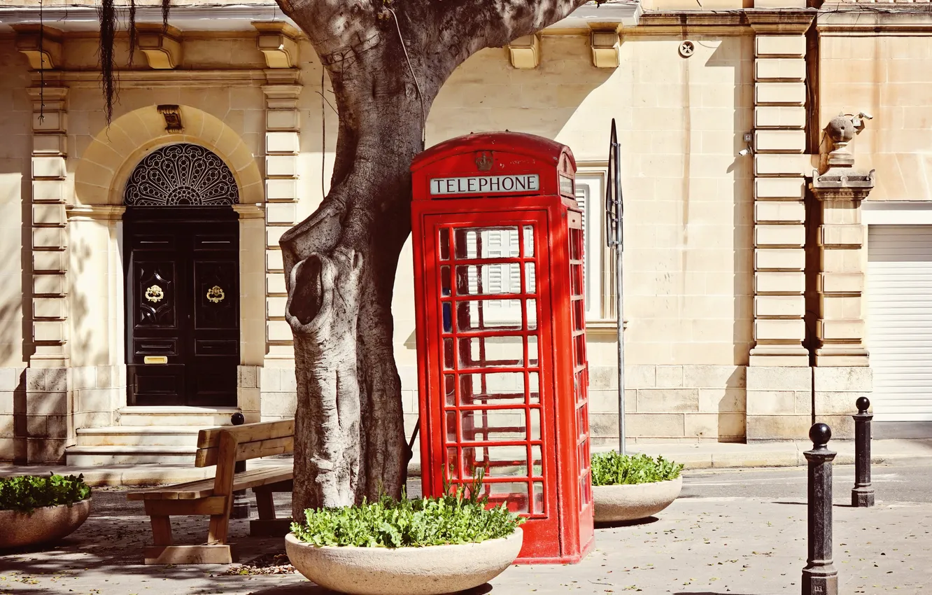 Photo wallpaper city, England, London, symbol, red, phone booth, street, London