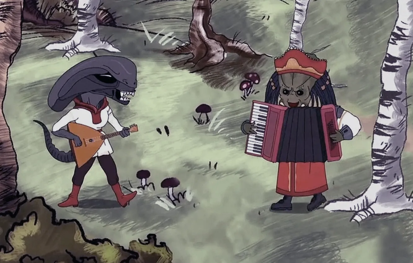 Photo wallpaper forest, cartoon, predator, Stranger, the series, musical instruments, Caution earthlings