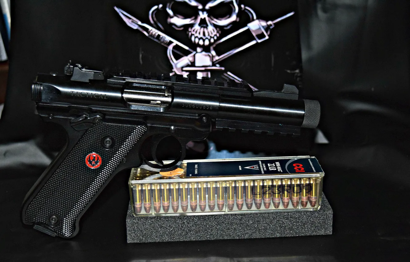 Photo wallpaper Skull, Gun, Cartridges