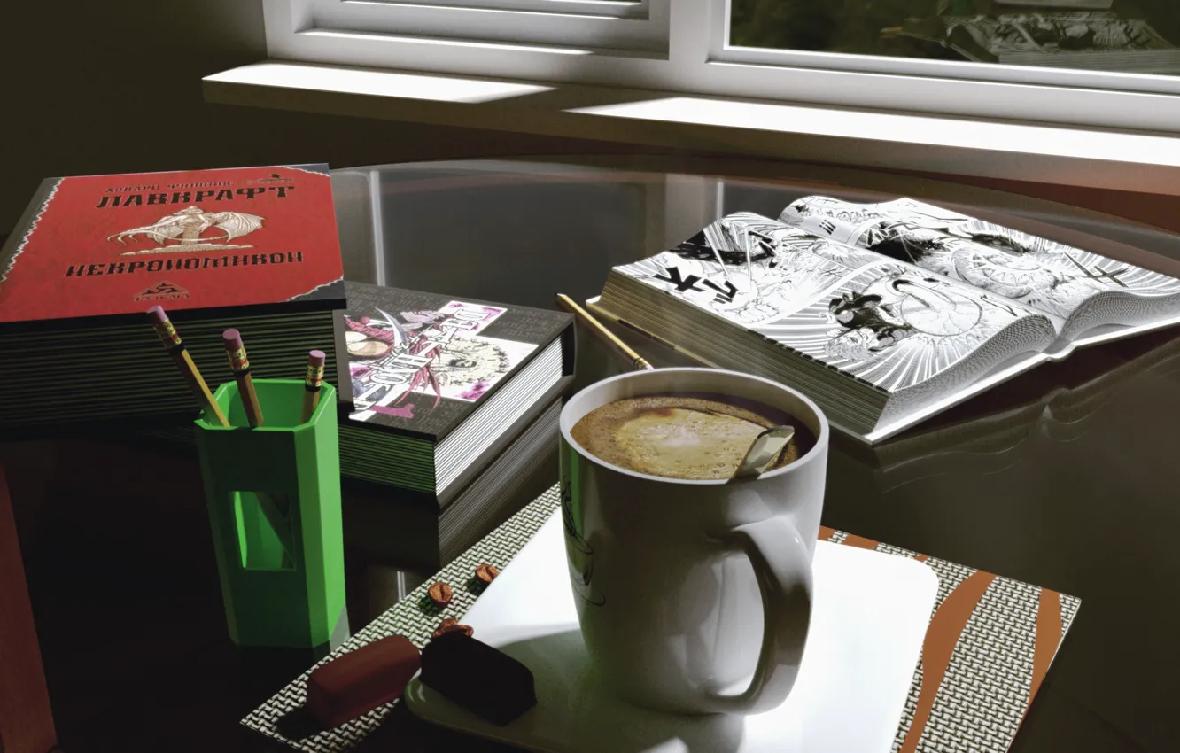 Photo wallpaper Coffee, Summer, Books, Render, Blender 3D