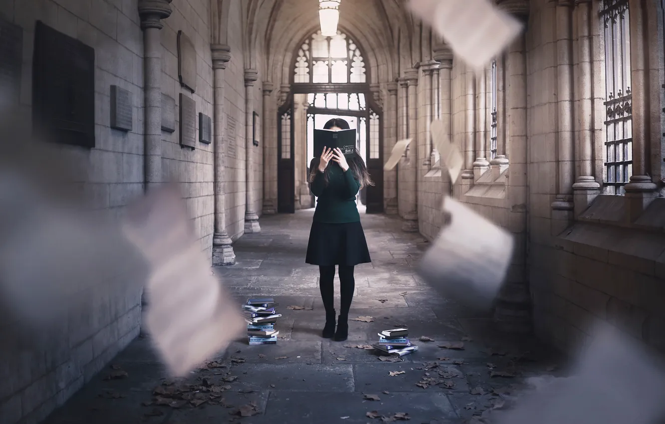 Photo wallpaper girl, books, page, Repentance