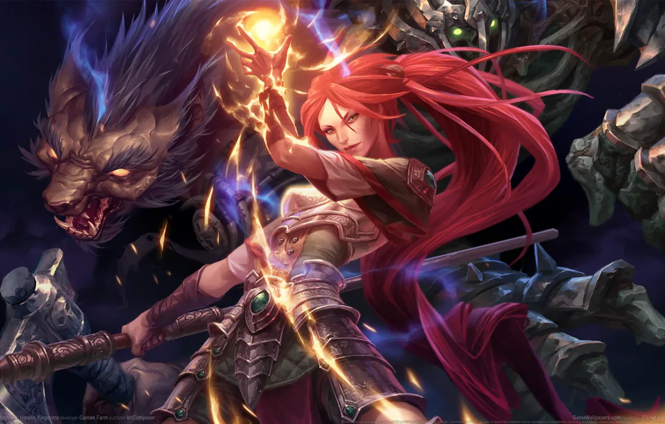 Photo wallpaper girl, weapons, magic, wolf, hammer, game wallpapers, Shadows: Heretic Kingdoms