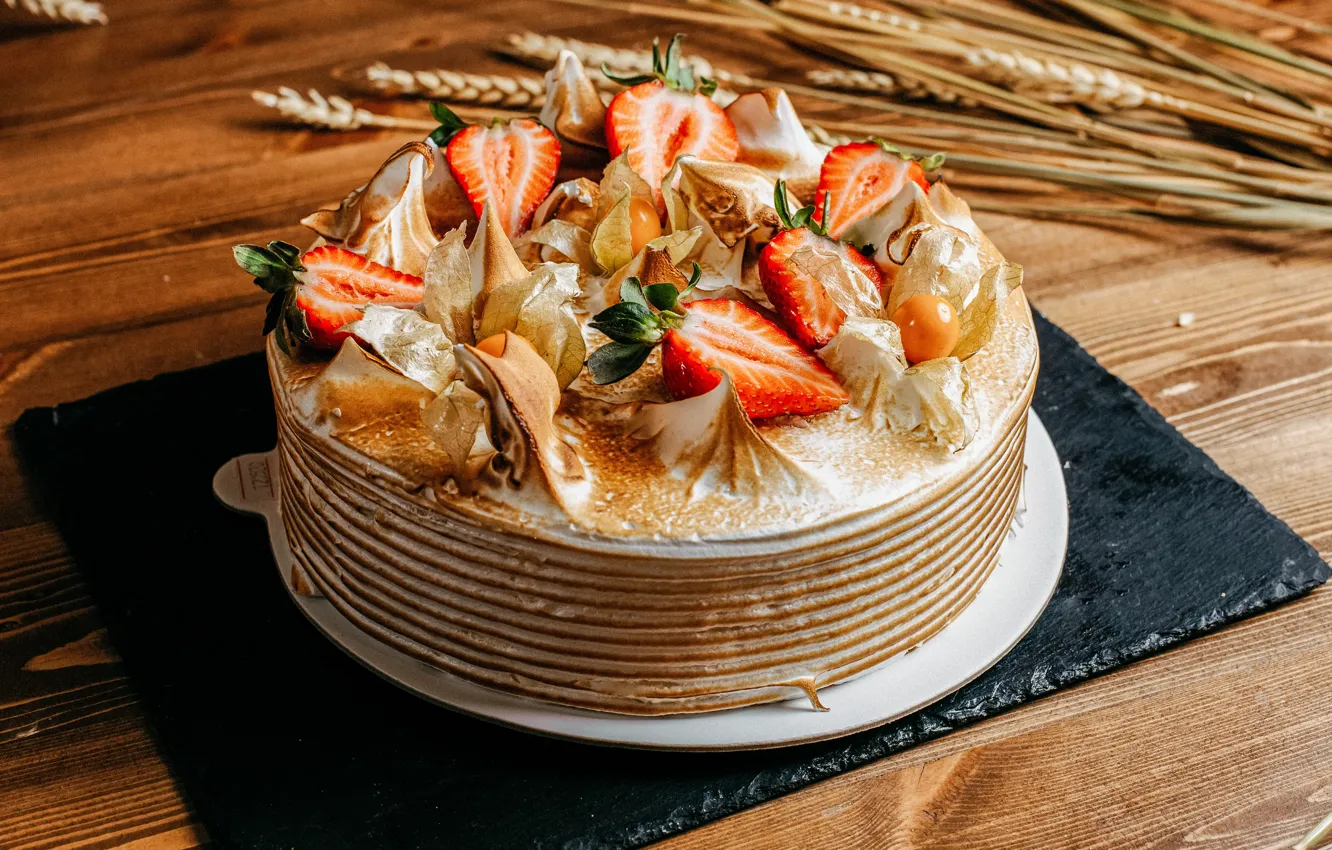 Photo wallpaper berries, table, Board, strawberry, fruit, cake, ears, cream