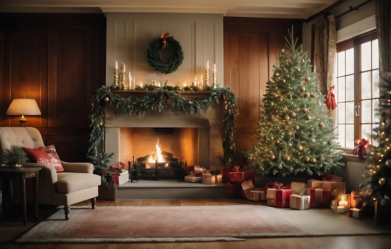 Photo wallpaper decoration, room, gift, tree, new year, interior, Christmas, fireplace
