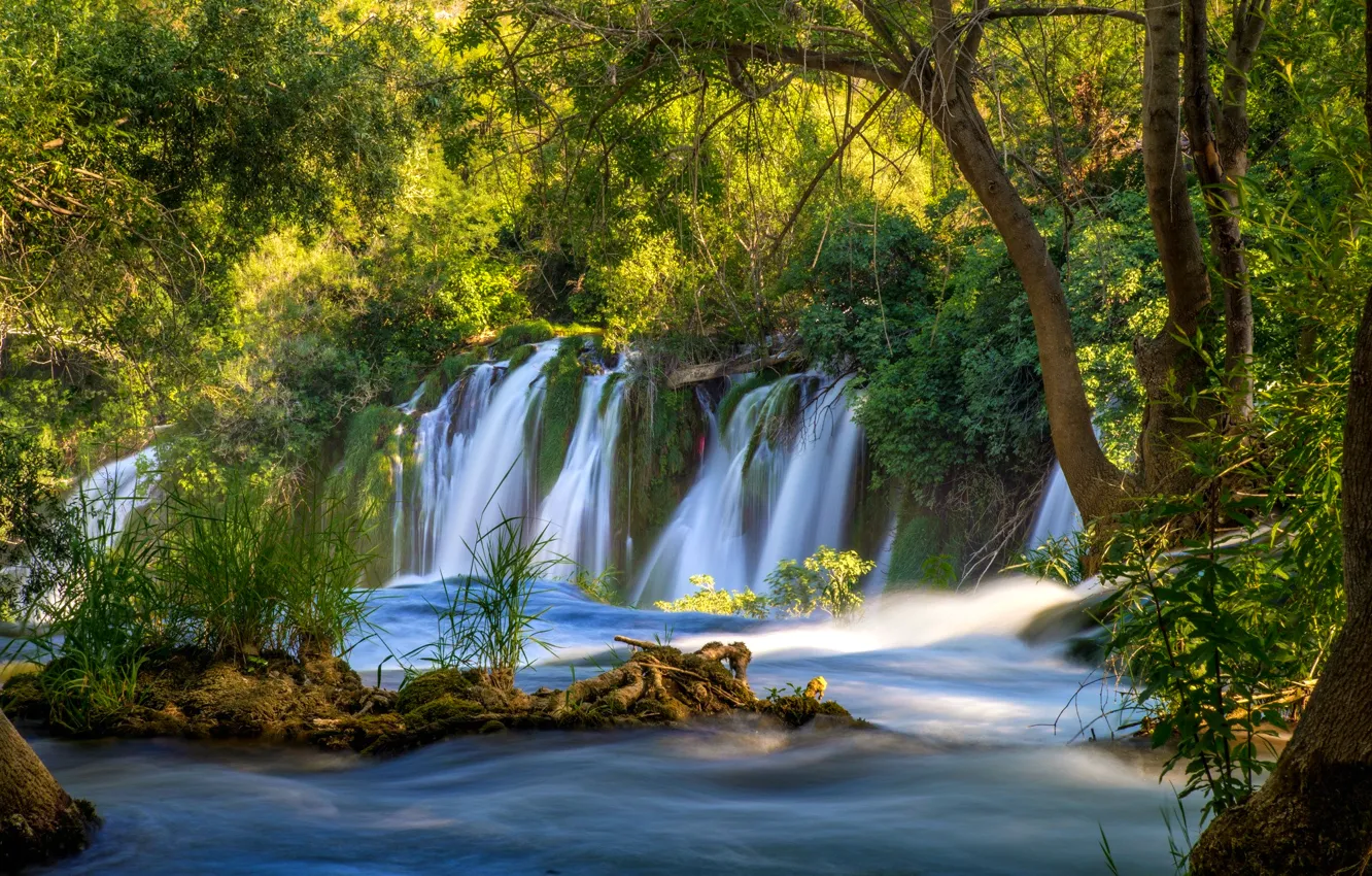 Photo wallpaper greens, water, trees, river, waterfall, stream, Bosnia and Herzegovina, Kravice Falls