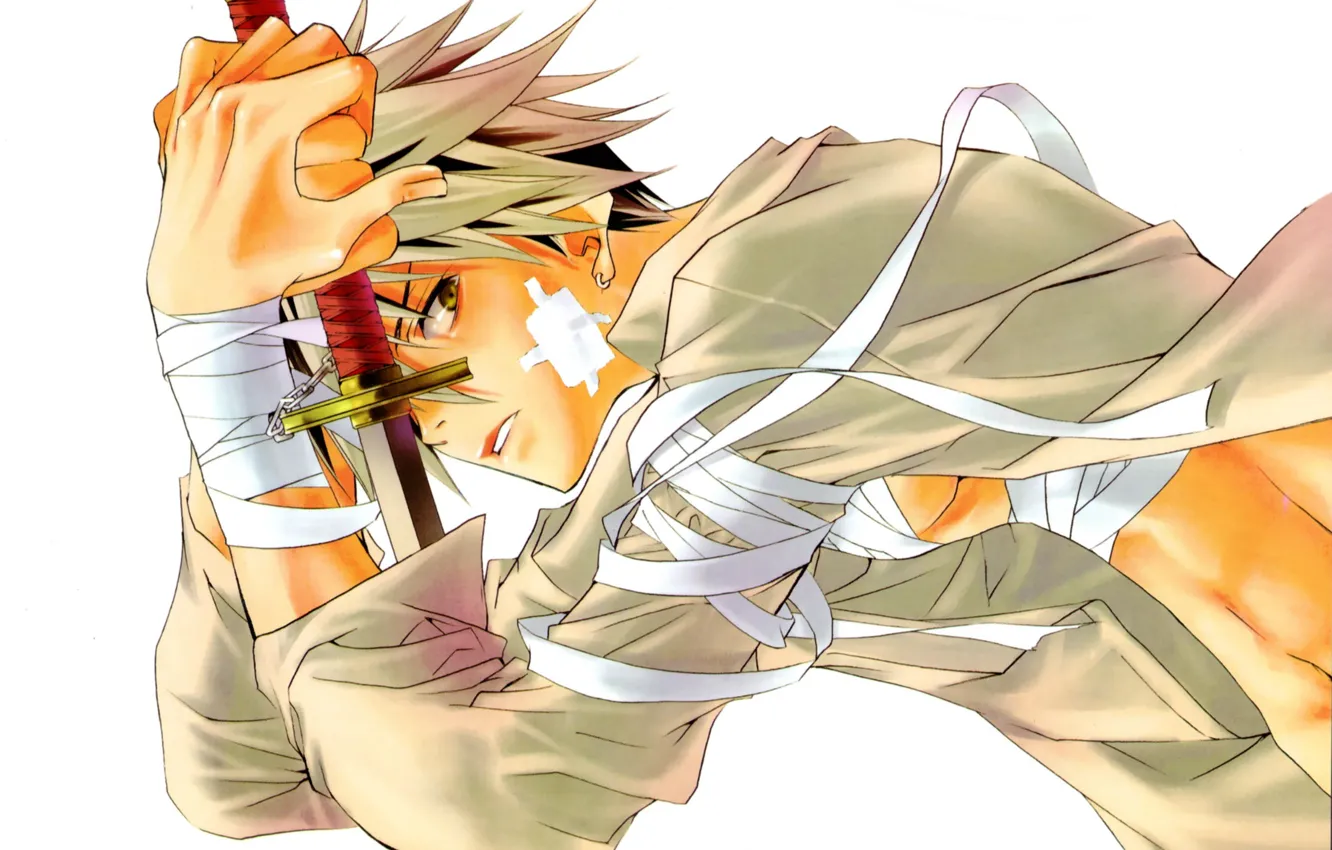 Photo wallpaper look, katana, hands, guy, arm, the patch, bandages, white shirt