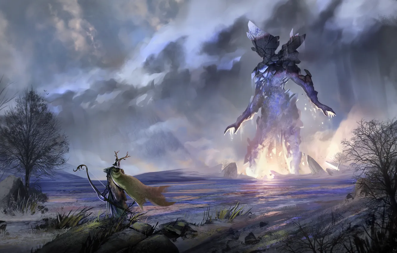 Photo wallpaper river, the wind, people, bow, art, helmet, cloak, Montr