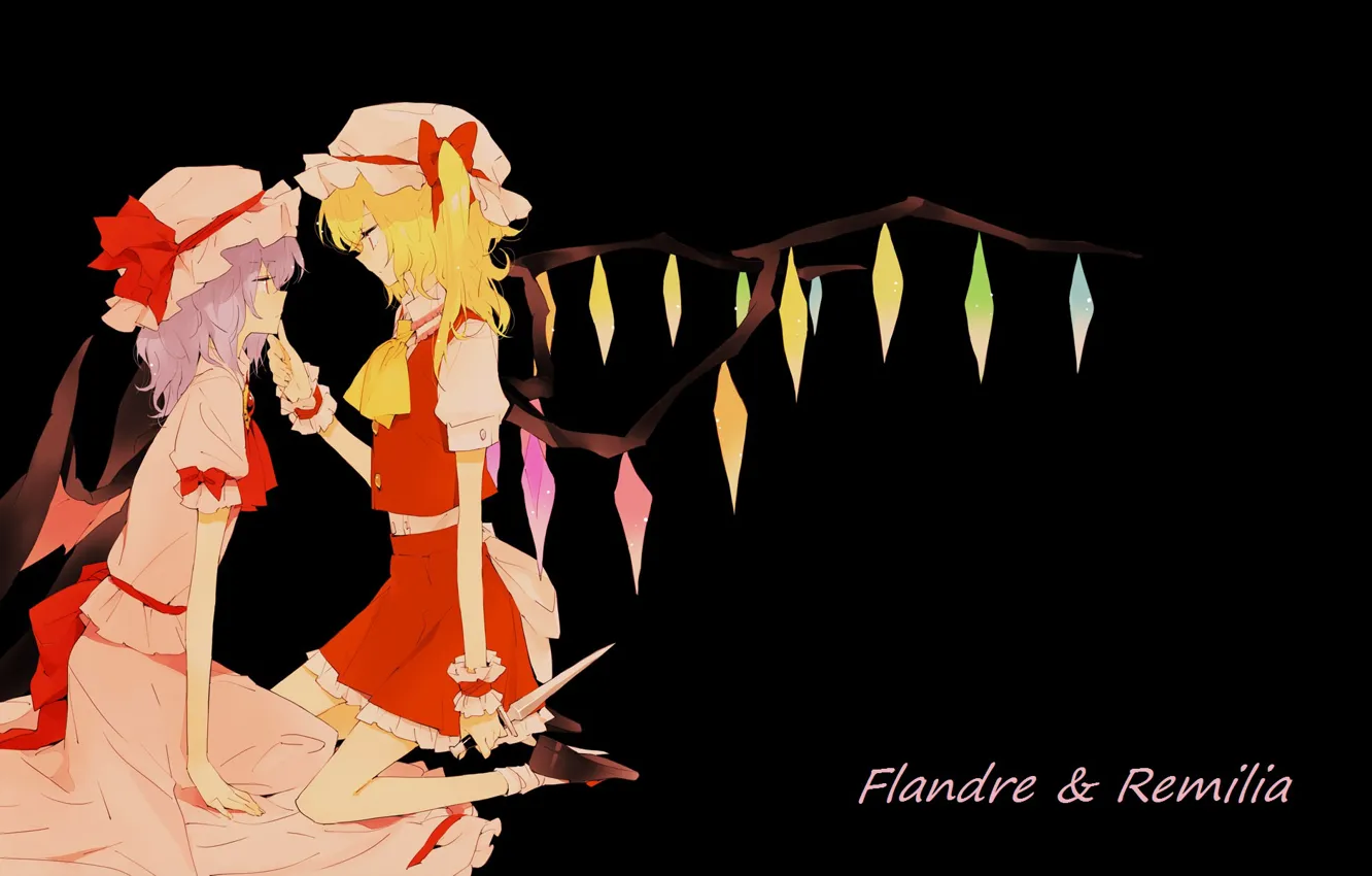 Photo wallpaper knife, crystals, black background, cap, art, sisters, on my knees, pink dress