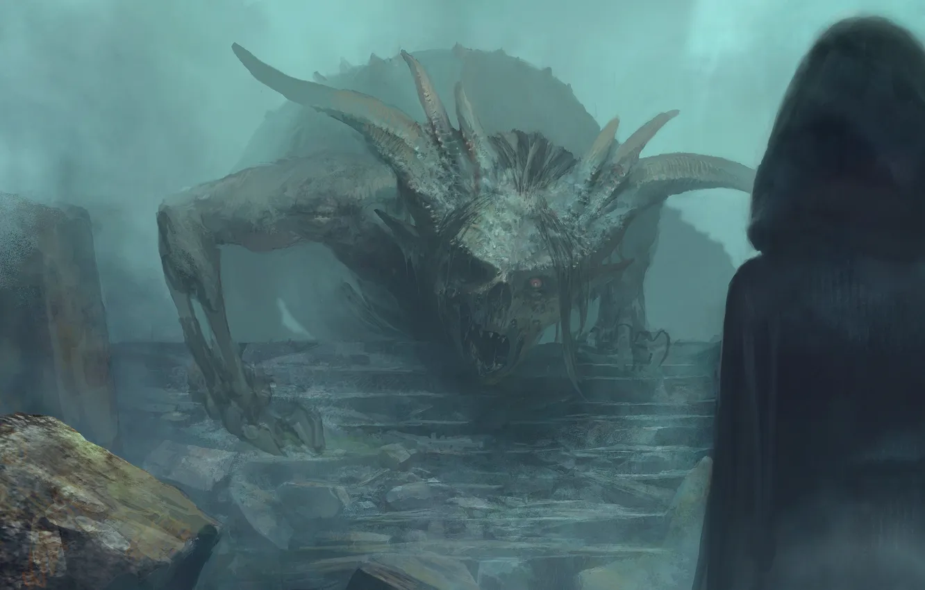 Photo wallpaper lights, back, monster, fantasy, the stairs, cloak