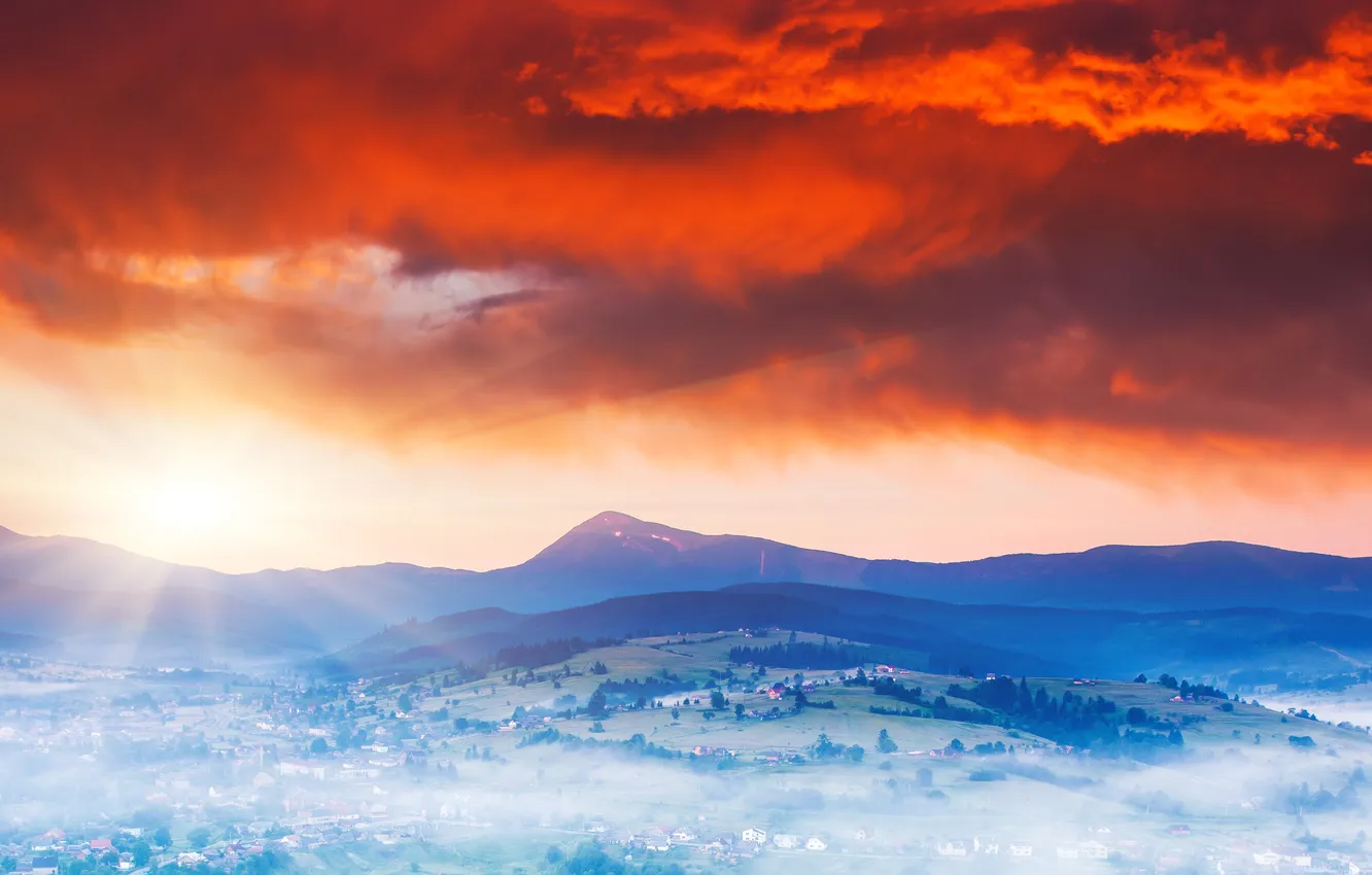 Photo wallpaper the sun, fog, hills