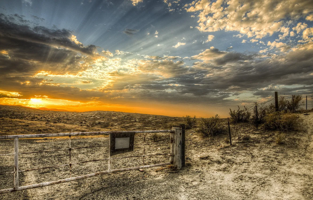 Photo wallpaper field, landscape, sunset, the fence, HDR