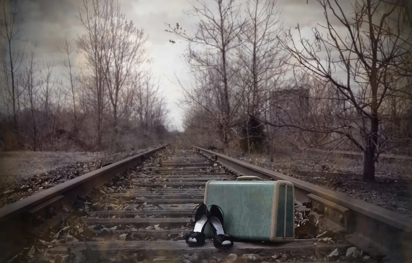 Photo wallpaper railroad, suitcase, boots