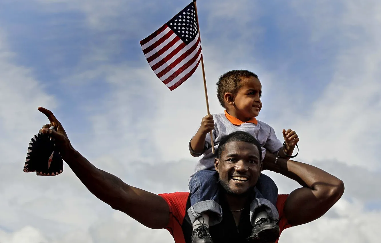 Photo wallpaper the sky, children, boy, flag, athlete, male, runner, Negro