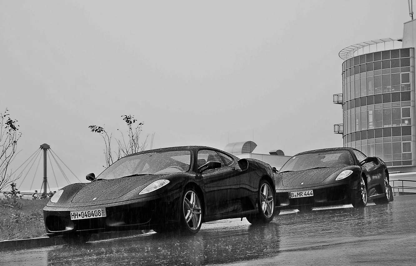 Photo wallpaper rain, the building, Ferrari, Ferrari, f430, rain, black and white, F430