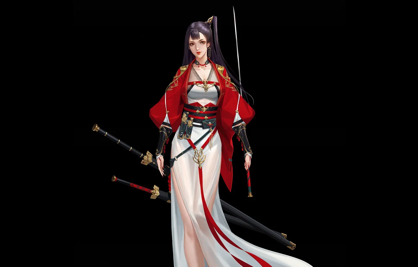 Photo wallpaper girl, Japanese, minimalism, sword, katana, dress, girl, sword