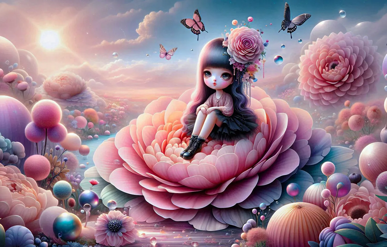 Photo wallpaper the sky, the sun, clouds, balls, flowers, balls, butterfly, tale