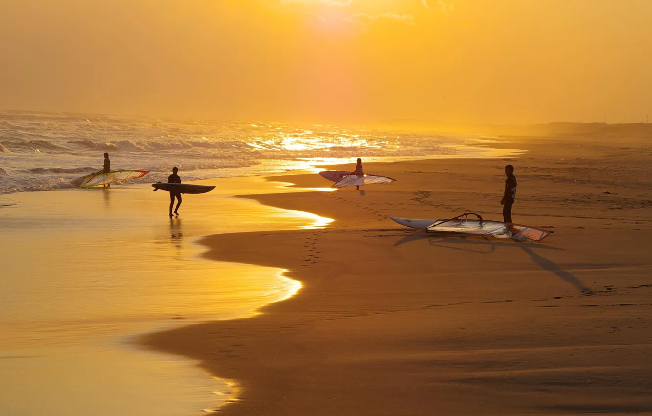 Photo wallpaper sea, beach, sunset, shore, kitesurfing