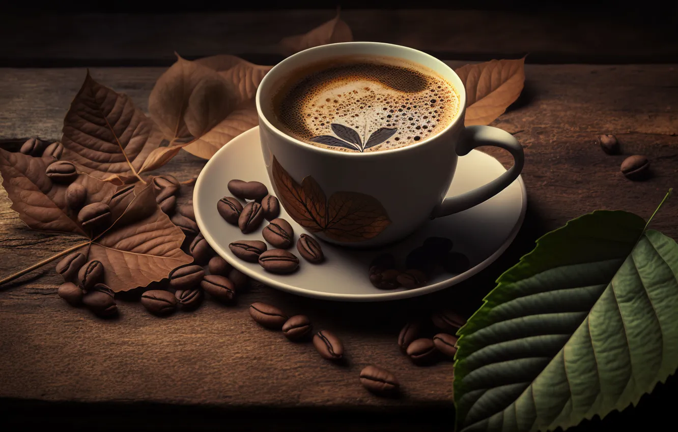 Photo wallpaper the dark background, table, Board, coffee, mug, Cup, drink, placer