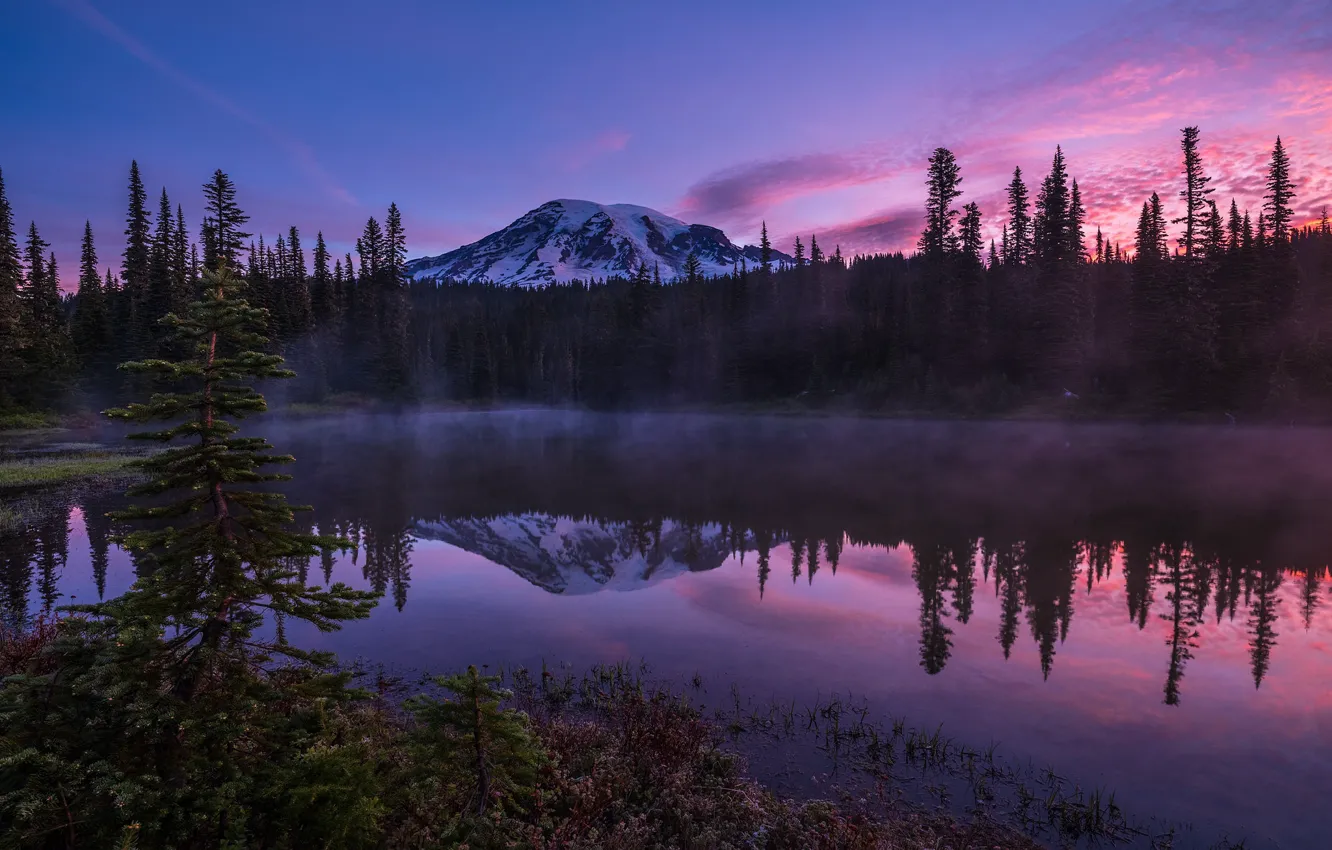 Photo wallpaper forest, the sky, mountains, reflection, shore, the evening, ate, USA