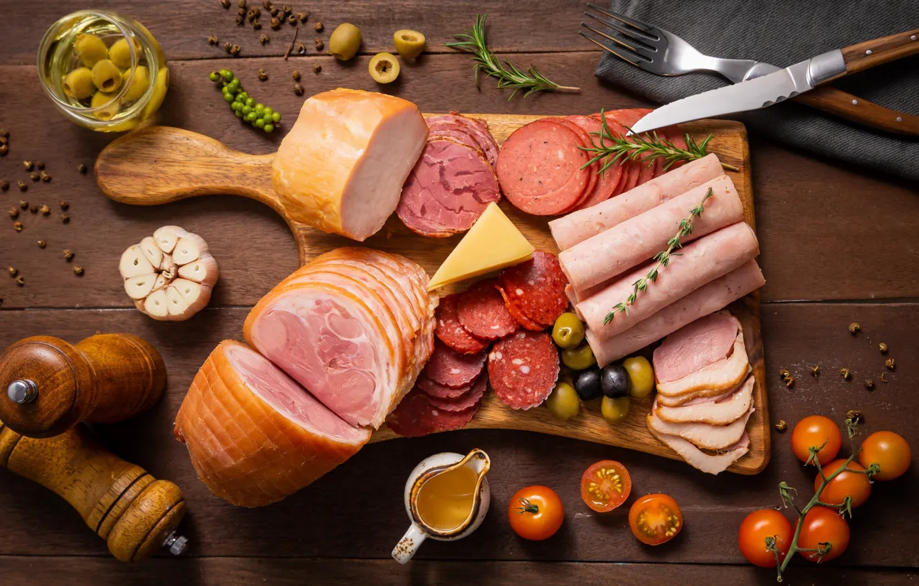 Photo wallpaper cheese, meat, tomatoes, olives, sauce, sausage, cuts, ham