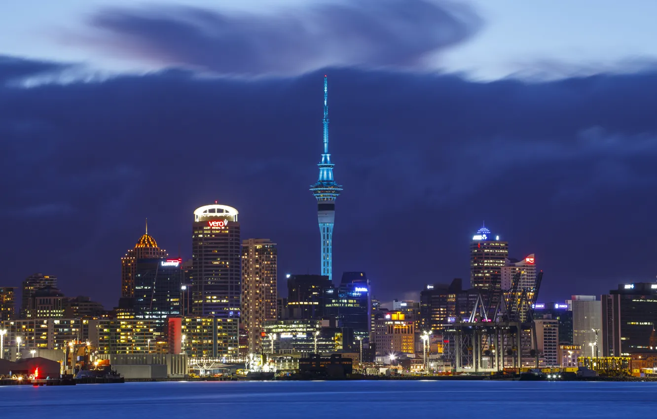 Photo wallpaper the storm, the sky, night, clouds, city, the city, lights, skyscrapers