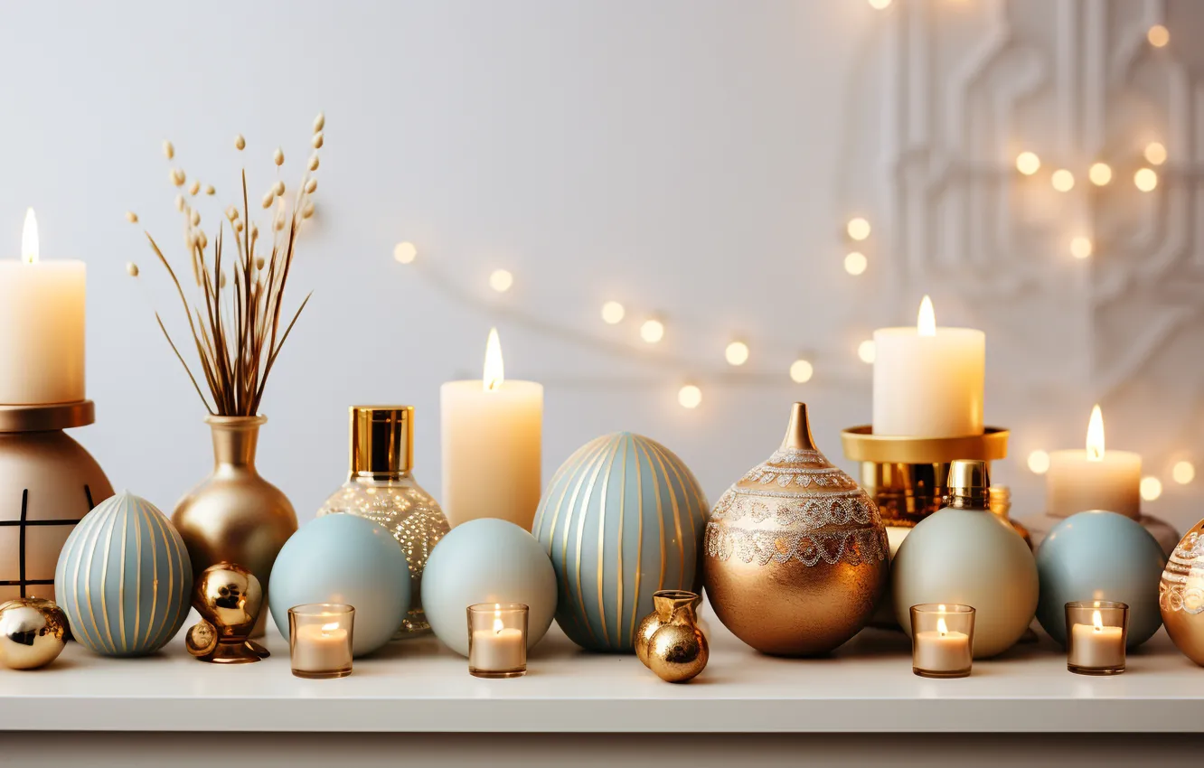 Photo wallpaper balls, lights, table, flame, new year, candles, Christmas, gold plated