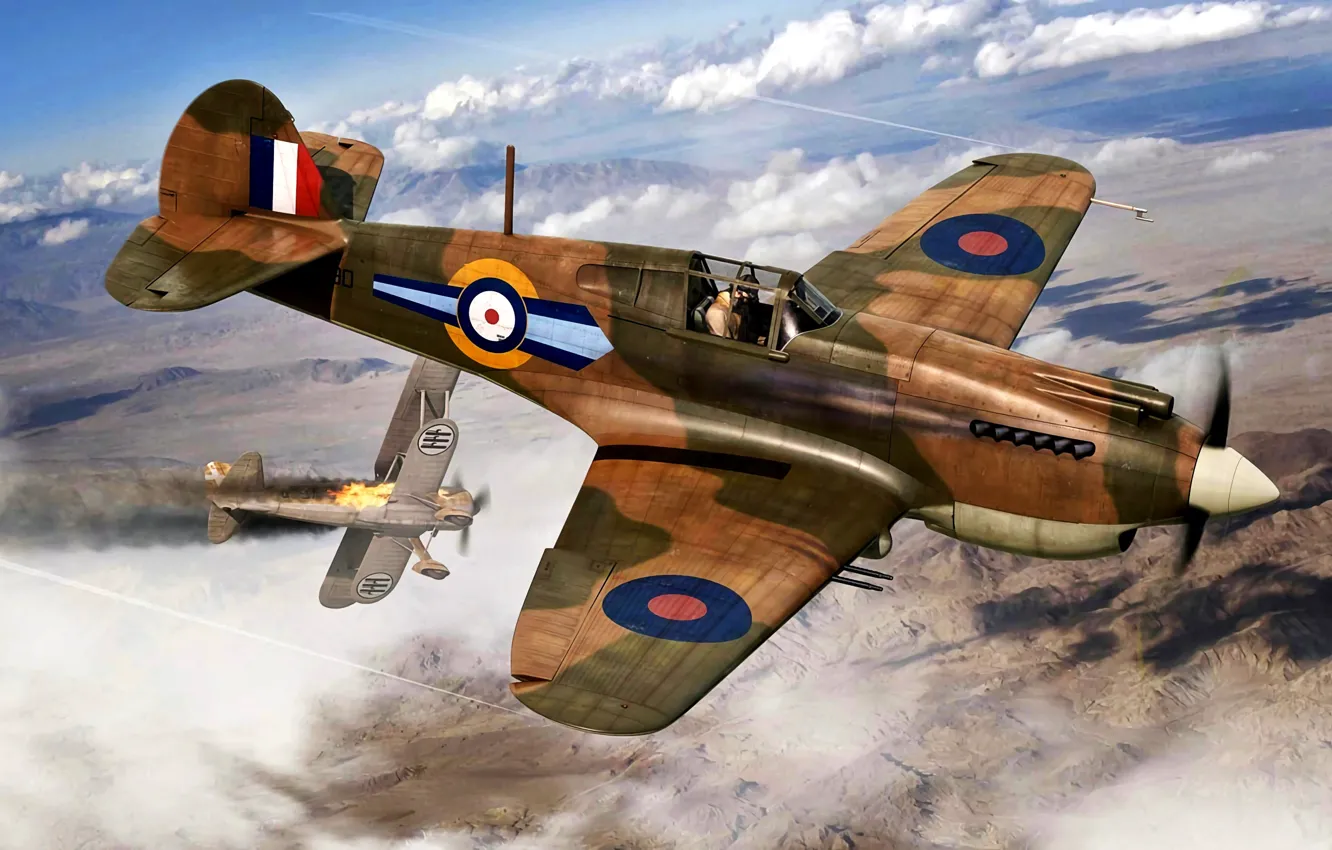 Photo wallpaper RAF, P-40C, WWII, Regia Aeronautica, 73sqn, Tomahawk Mk.IIB, CR.42 Falco