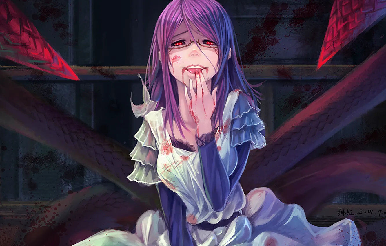 Photo wallpaper girl, blood, dress, glasses, red eyes, Tokyo Ghoul, Tokyo Ghoul, Kamishiro Rize