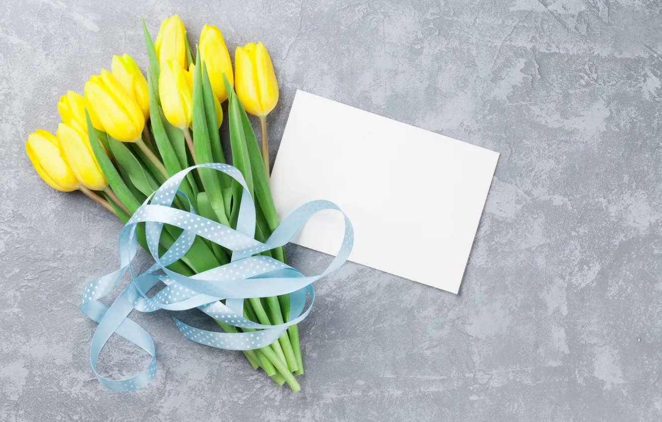 Photo wallpaper flowers, bouquet, tulips, yellow, wood, flowers, tulips, postcard