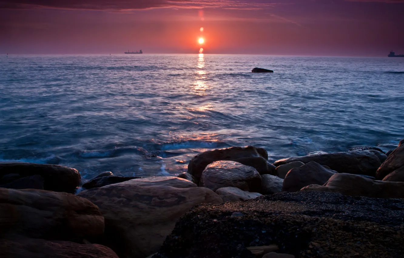 Photo wallpaper sea, sunset, stones, ships