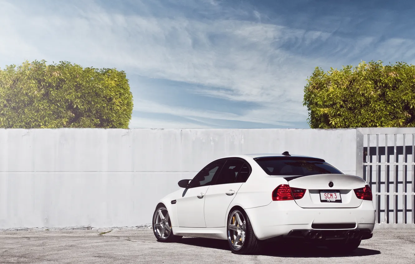 Photo wallpaper white, the sky, clouds, bmw, BMW, the fence, white, sky