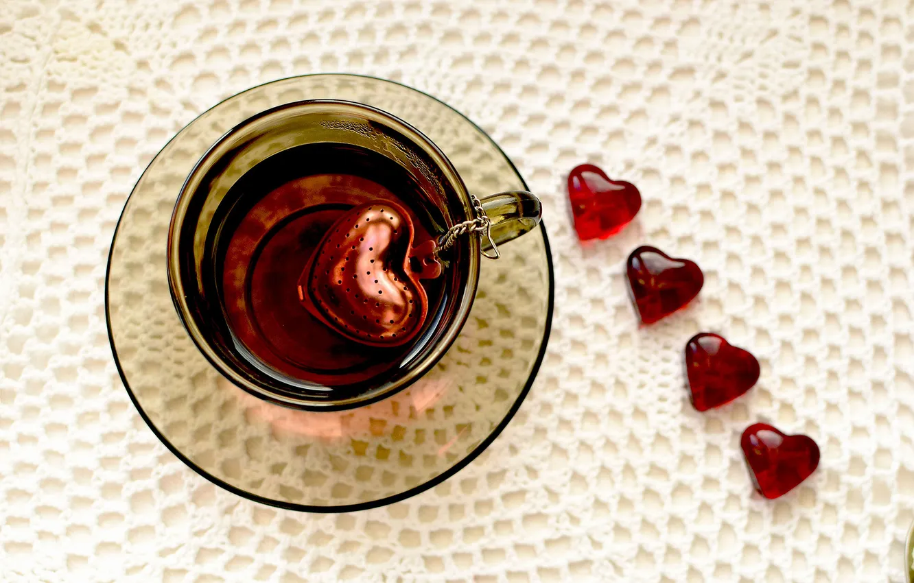 Photo wallpaper tea, heart, Cup, hearts, drink, tablecloth, teapot