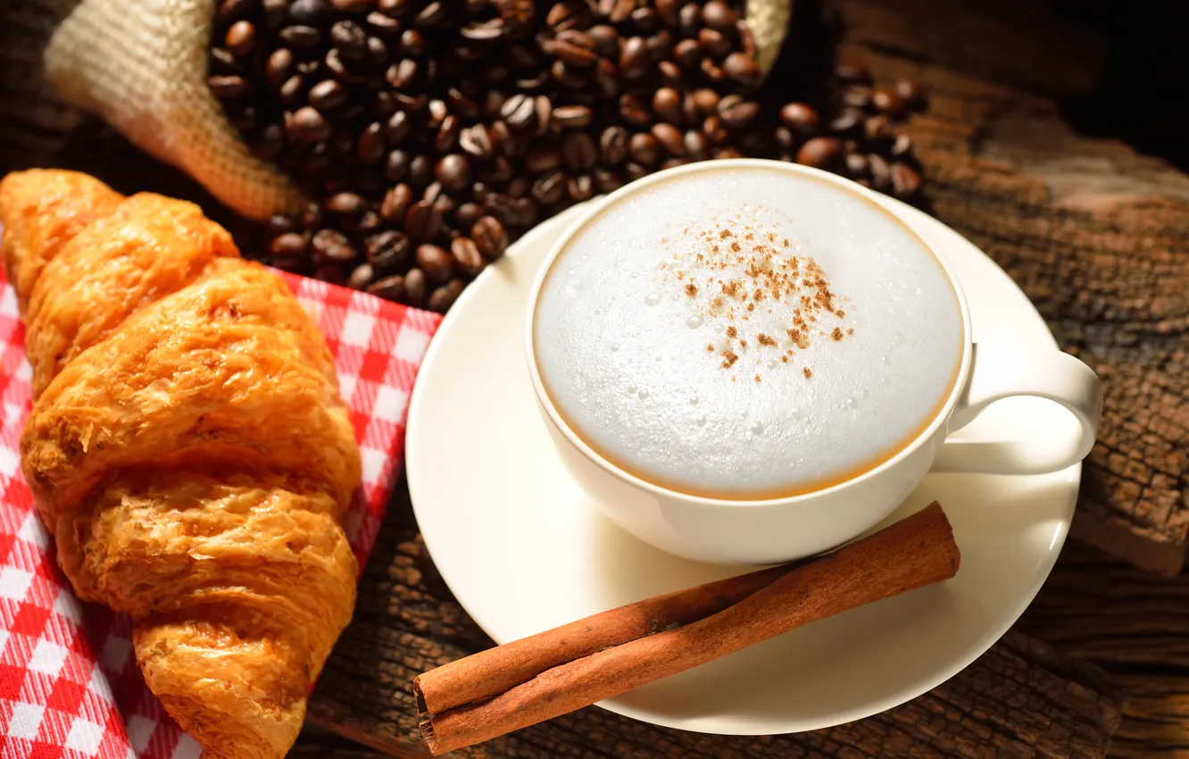 Photo wallpaper coffee, grain, sticks, cinnamon, cappuccino, dessert, cakes, bagel