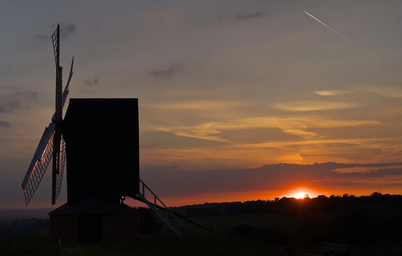 Photo wallpaper the sky, clouds, sunset, horizon, silhouette, windmill