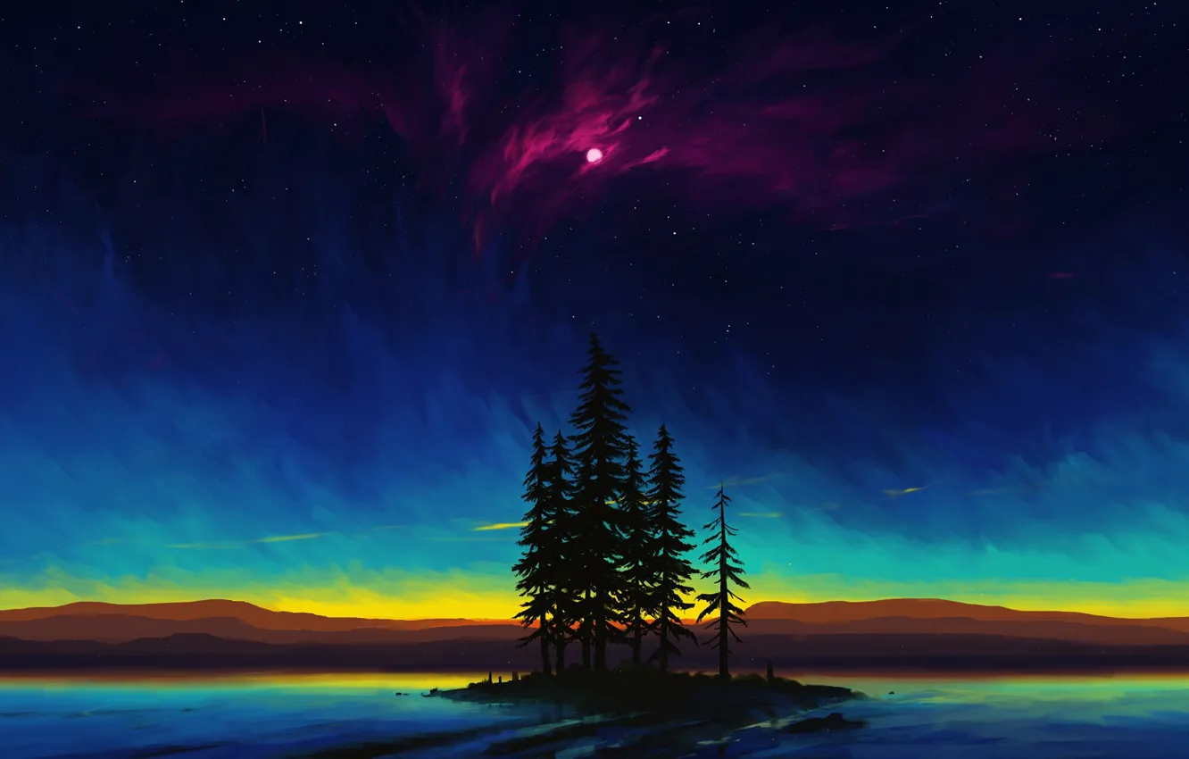 Photo wallpaper moon, sky, trees, landscape, nature, night, art, lake