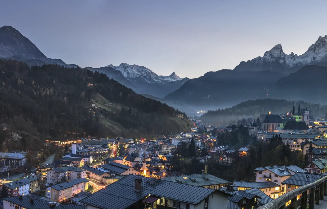 Photo wallpaper forest, trees, landscape, mountains, nature, city, the city, building