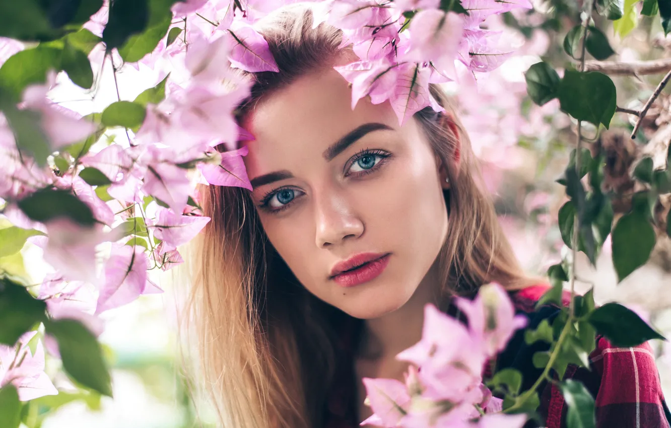 Photo wallpaper look, Girl, beautiful, flowers, Viktor Kobzev