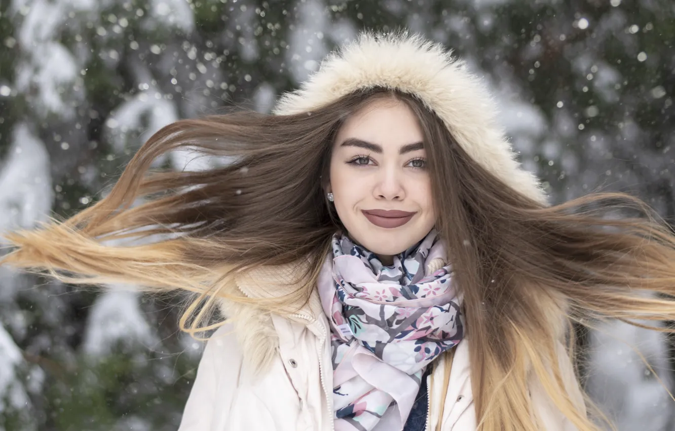 Photo wallpaper cold, winter, girl, snow, hair, tree, portrait, winter portrait